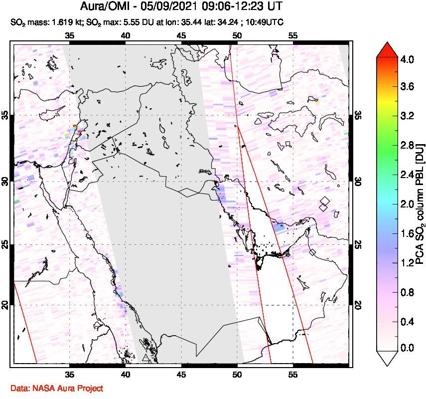 A sulfur dioxide image over Middle East on May 09, 2021.