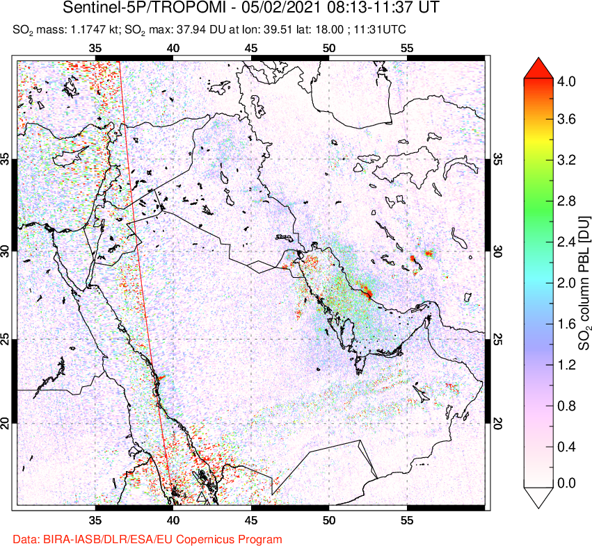 A sulfur dioxide image over Middle East on May 02, 2021.