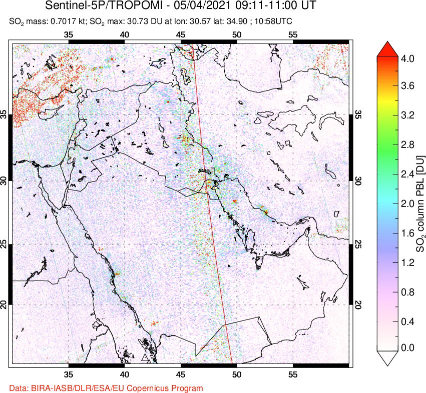 A sulfur dioxide image over Middle East on May 04, 2021.