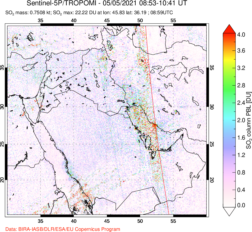 A sulfur dioxide image over Middle East on May 05, 2021.