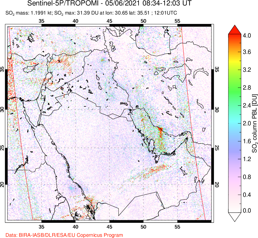 A sulfur dioxide image over Middle East on May 06, 2021.