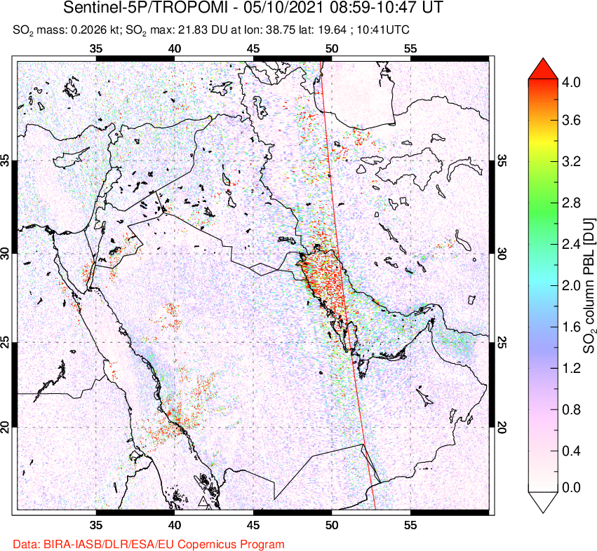 A sulfur dioxide image over Middle East on May 10, 2021.