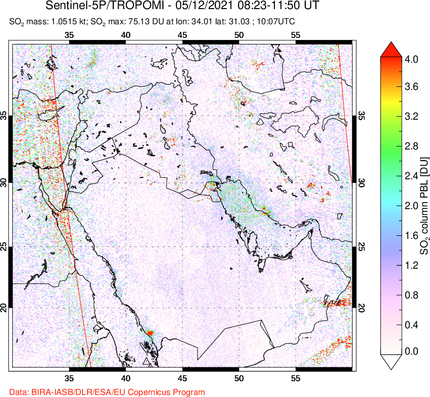 A sulfur dioxide image over Middle East on May 12, 2021.