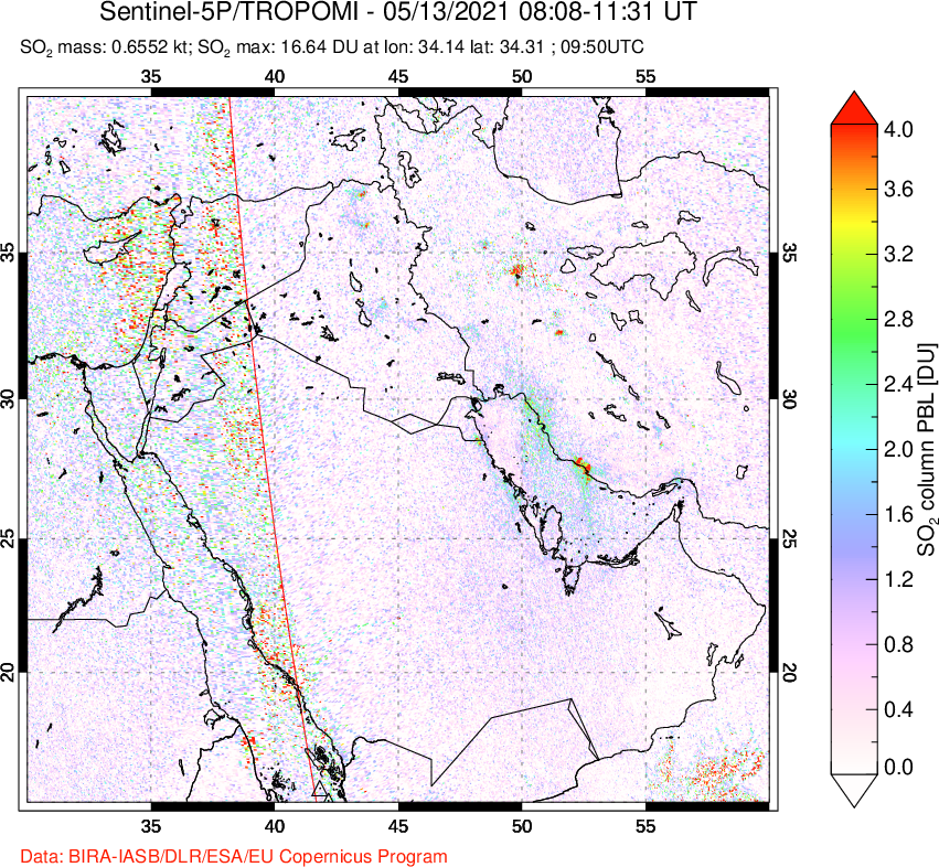A sulfur dioxide image over Middle East on May 13, 2021.