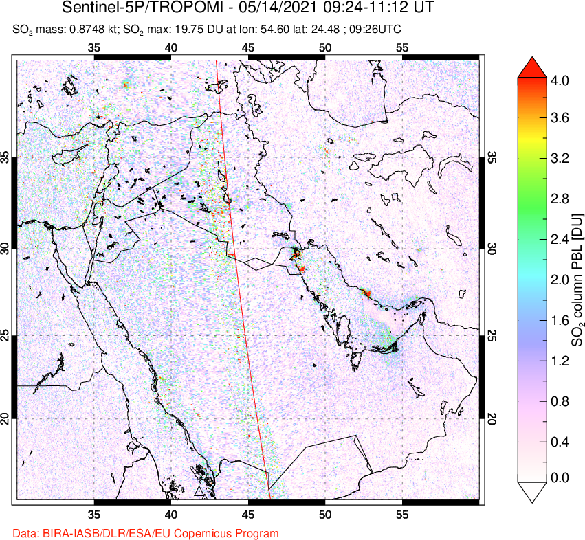 A sulfur dioxide image over Middle East on May 14, 2021.