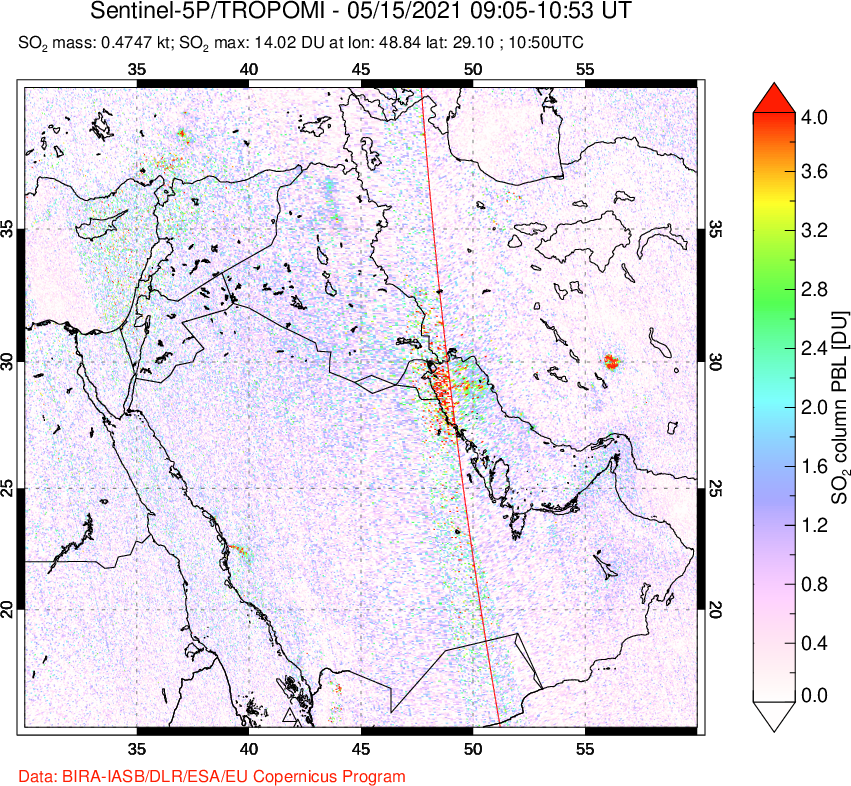 A sulfur dioxide image over Middle East on May 15, 2021.