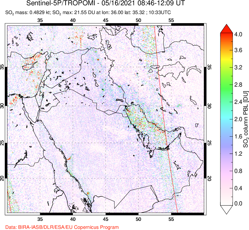 A sulfur dioxide image over Middle East on May 16, 2021.