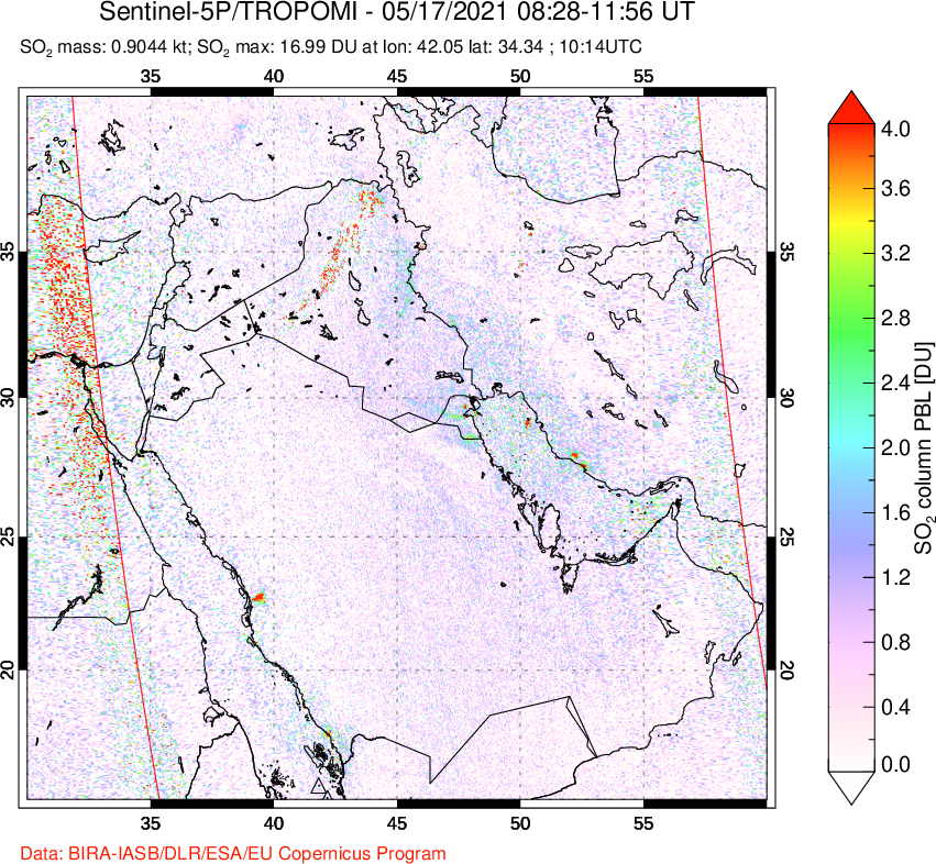 A sulfur dioxide image over Middle East on May 17, 2021.