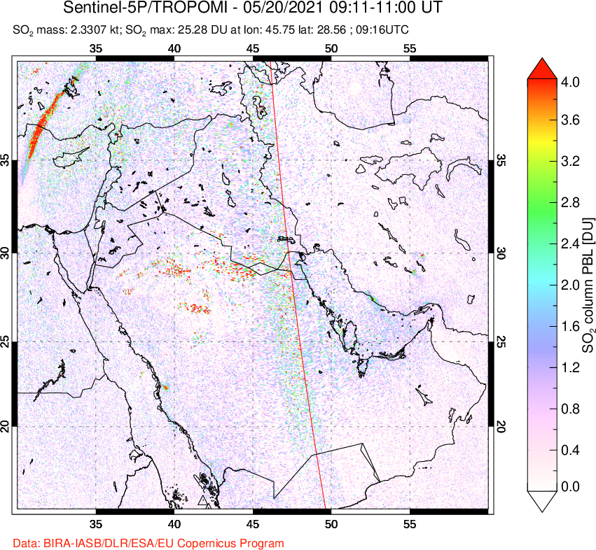 A sulfur dioxide image over Middle East on May 20, 2021.