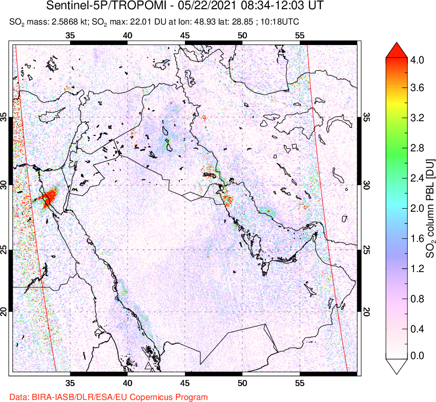 A sulfur dioxide image over Middle East on May 22, 2021.