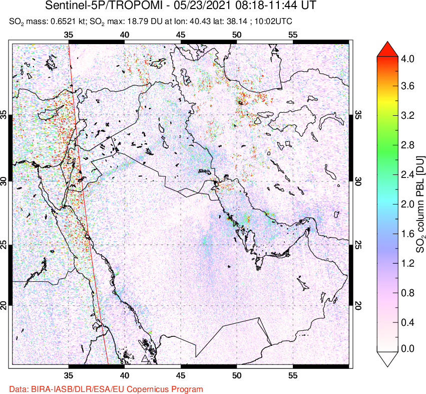 A sulfur dioxide image over Middle East on May 23, 2021.