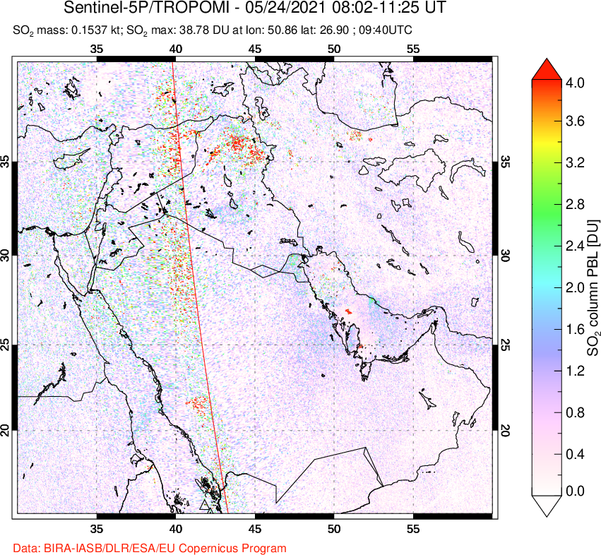 A sulfur dioxide image over Middle East on May 24, 2021.