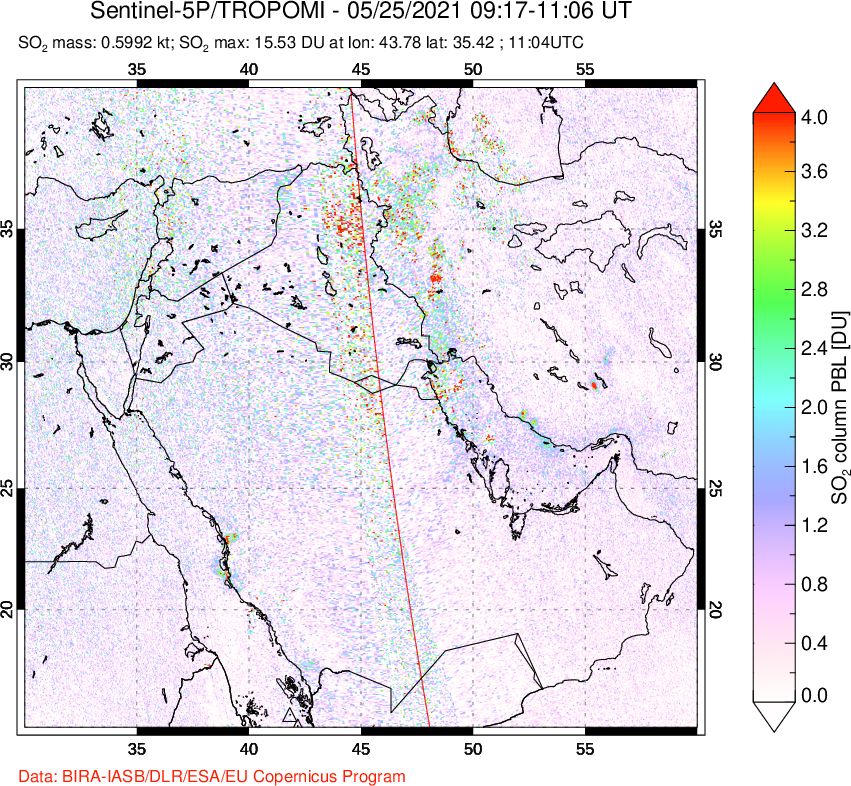 A sulfur dioxide image over Middle East on May 25, 2021.