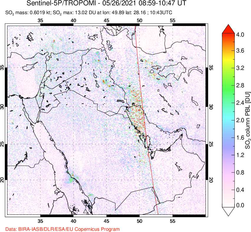 A sulfur dioxide image over Middle East on May 26, 2021.