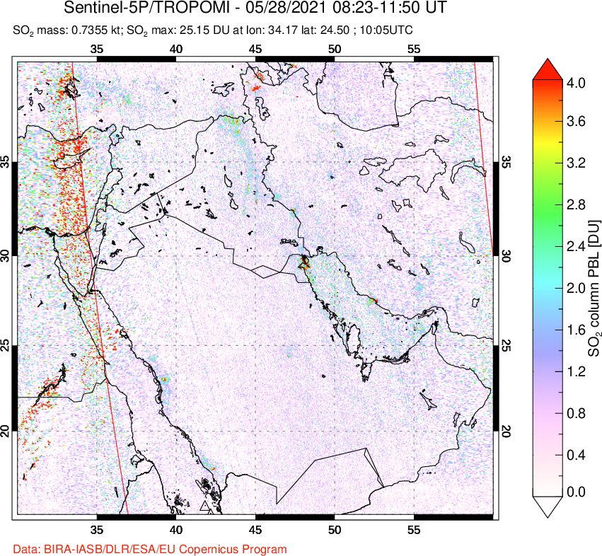 A sulfur dioxide image over Middle East on May 28, 2021.