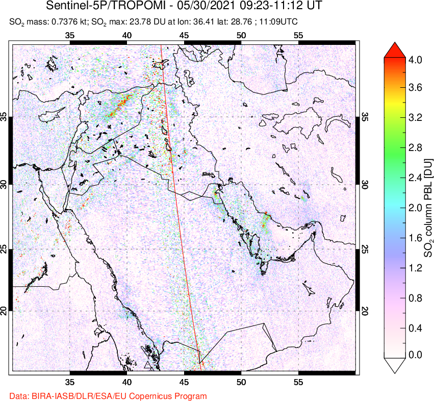 A sulfur dioxide image over Middle East on May 30, 2021.