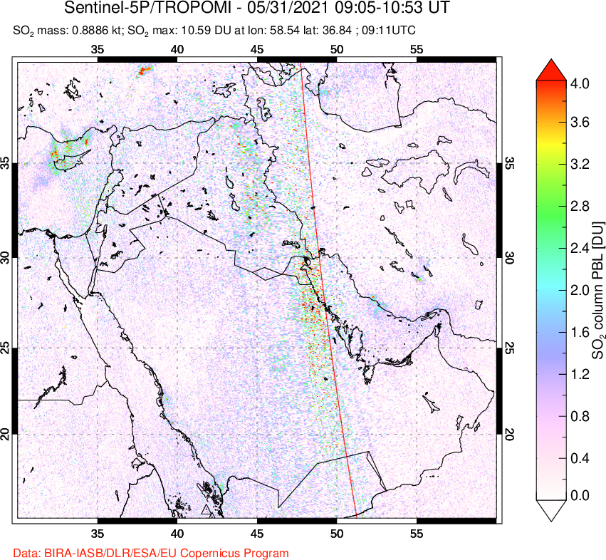 A sulfur dioxide image over Middle East on May 31, 2021.
