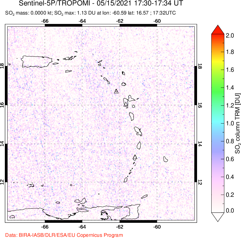 A sulfur dioxide image over Montserrat, West Indies on May 15, 2021.