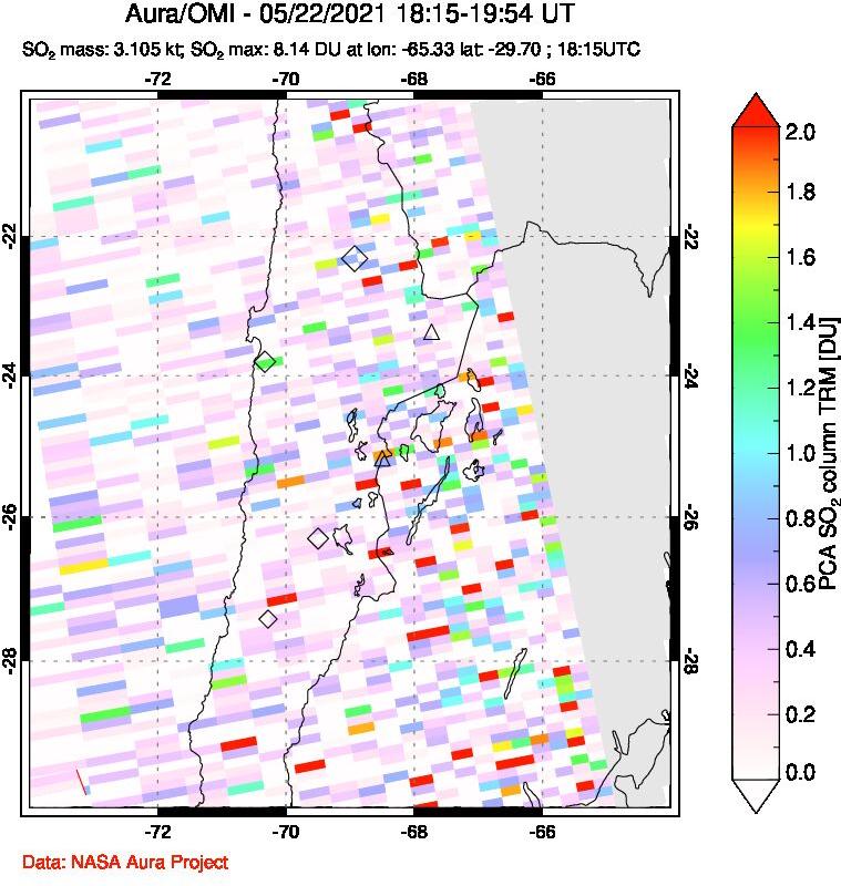A sulfur dioxide image over Northern Chile on May 22, 2021.