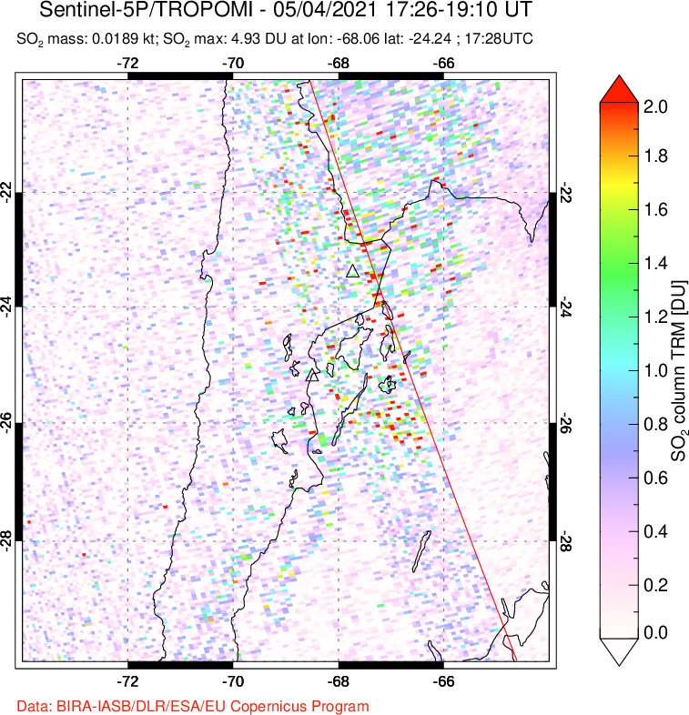 A sulfur dioxide image over Northern Chile on May 04, 2021.