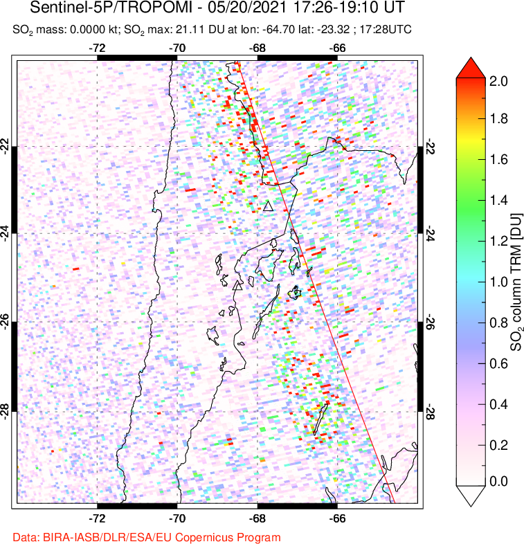 A sulfur dioxide image over Northern Chile on May 20, 2021.