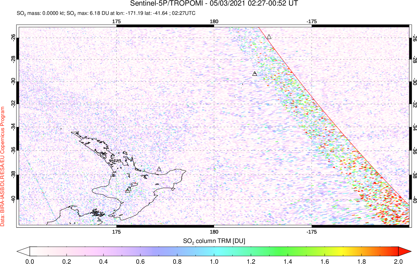 A sulfur dioxide image over New Zealand on May 03, 2021.