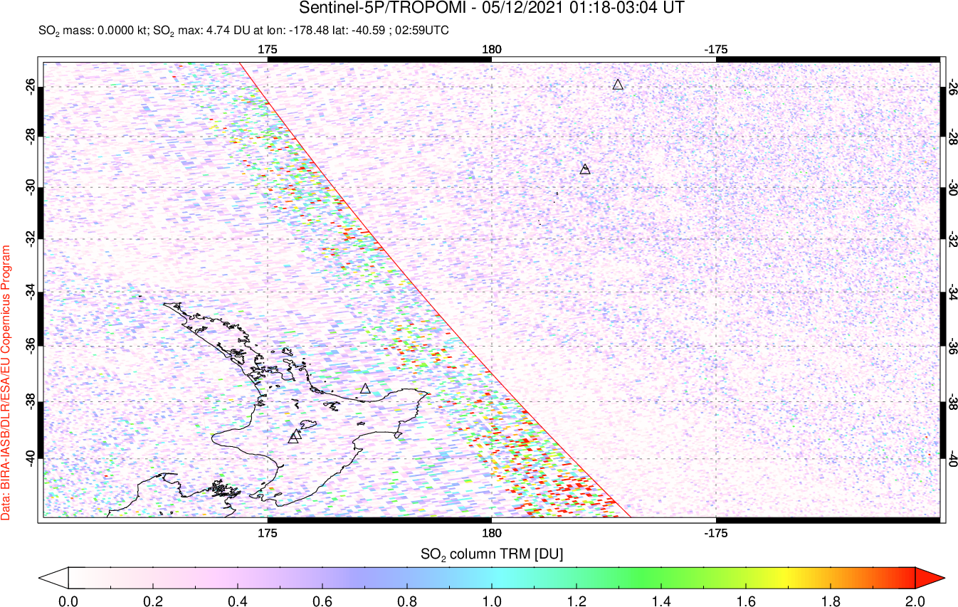 A sulfur dioxide image over New Zealand on May 12, 2021.