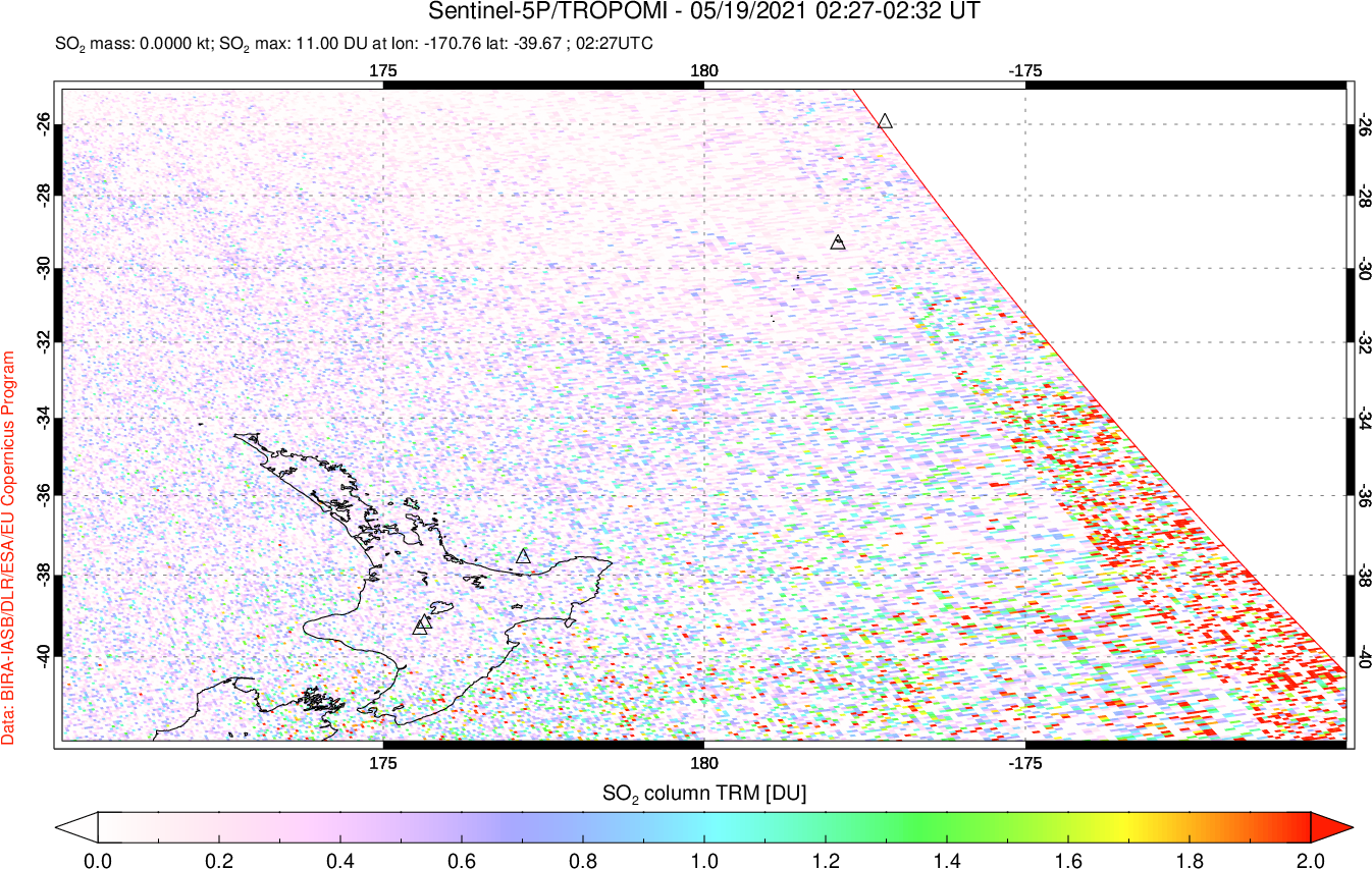 A sulfur dioxide image over New Zealand on May 19, 2021.