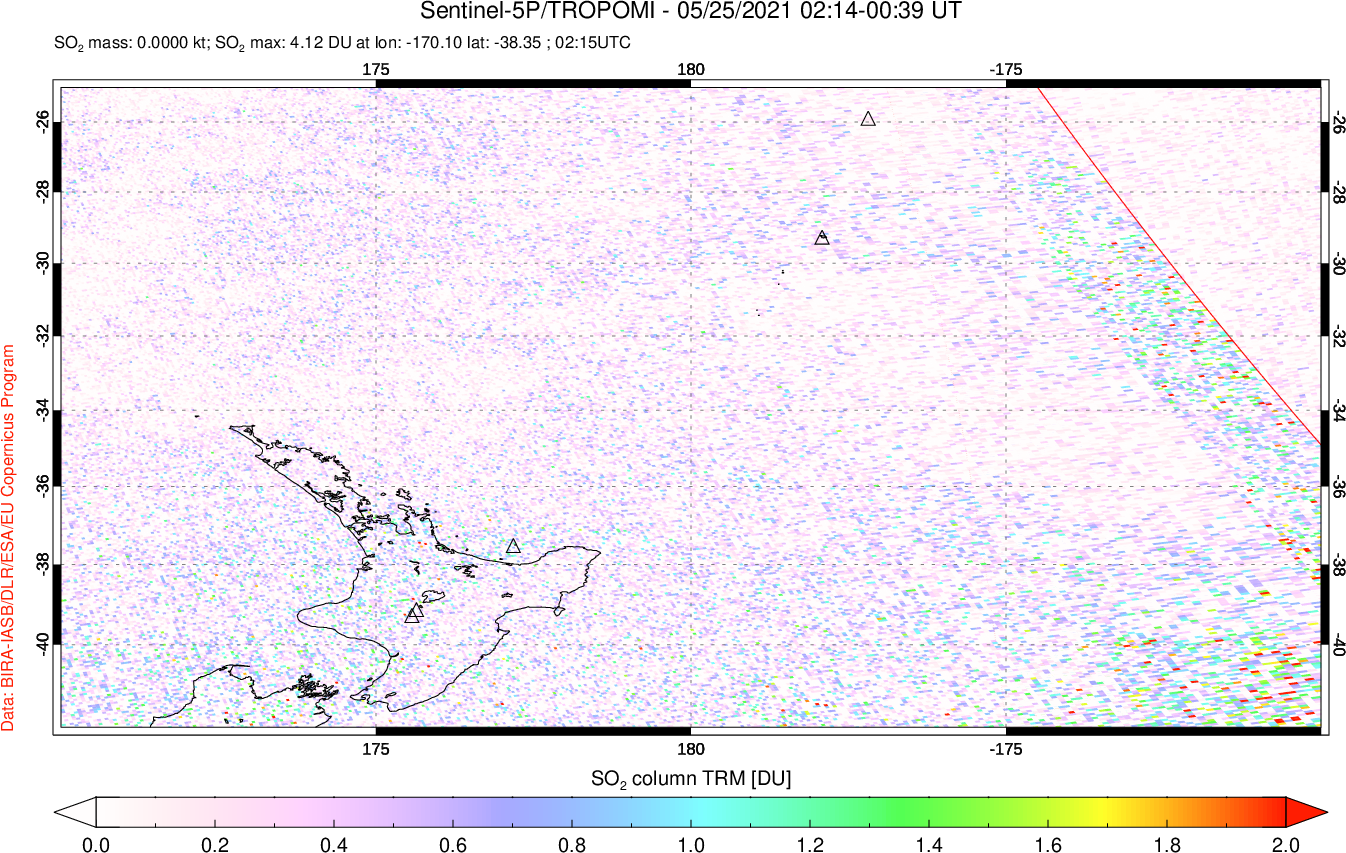 A sulfur dioxide image over New Zealand on May 25, 2021.