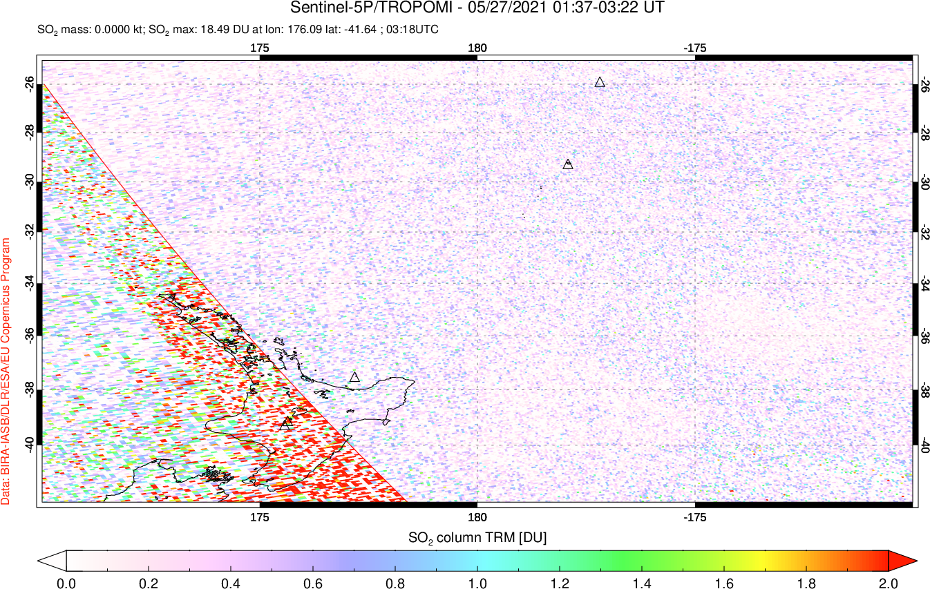 A sulfur dioxide image over New Zealand on May 27, 2021.