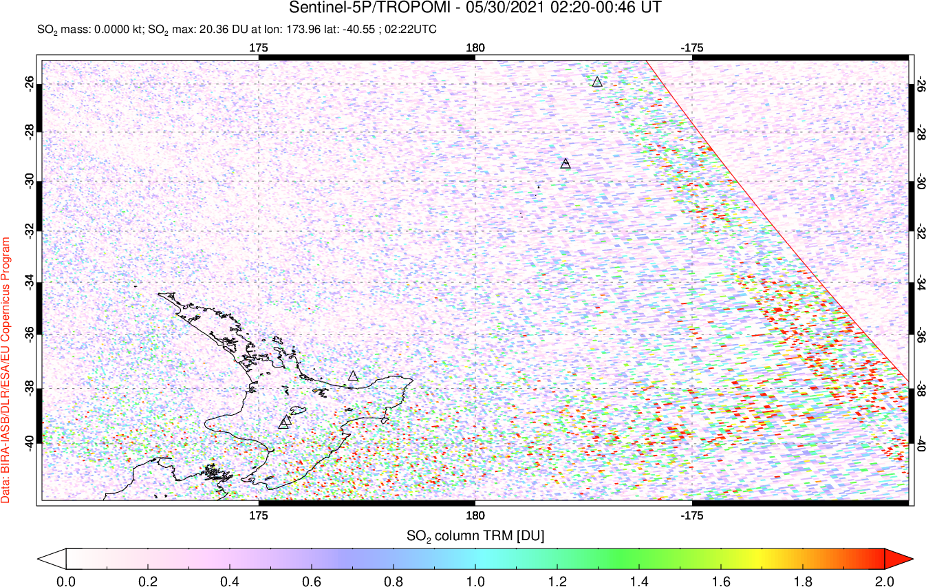 A sulfur dioxide image over New Zealand on May 30, 2021.