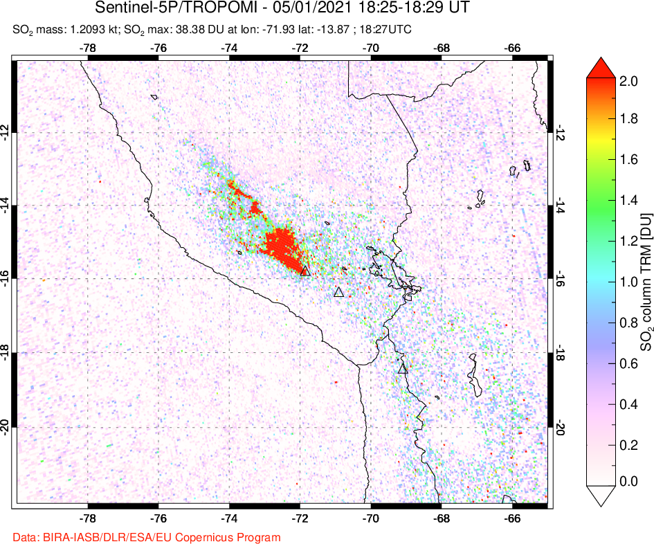 A sulfur dioxide image over Peru on May 01, 2021.