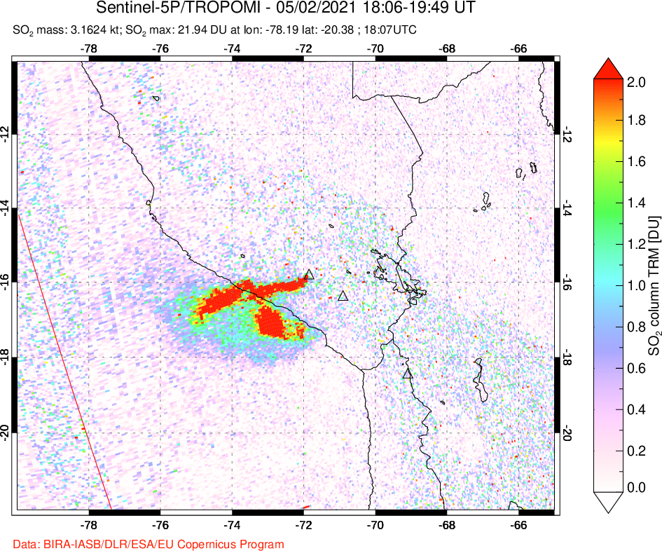 A sulfur dioxide image over Peru on May 02, 2021.