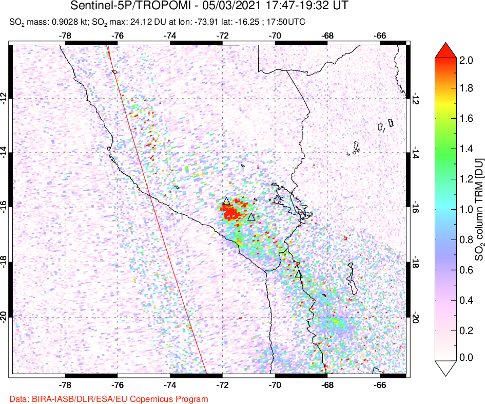 A sulfur dioxide image over Peru on May 03, 2021.