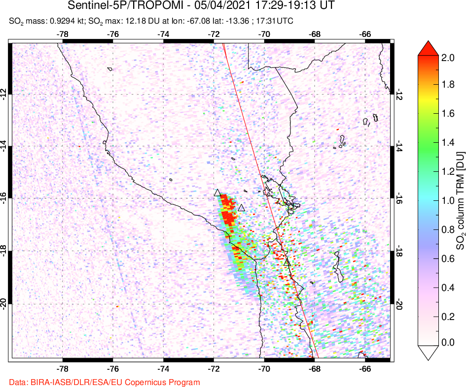 A sulfur dioxide image over Peru on May 04, 2021.