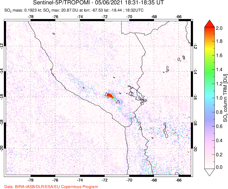 A sulfur dioxide image over Peru on May 06, 2021.