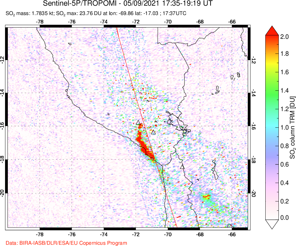A sulfur dioxide image over Peru on May 09, 2021.
