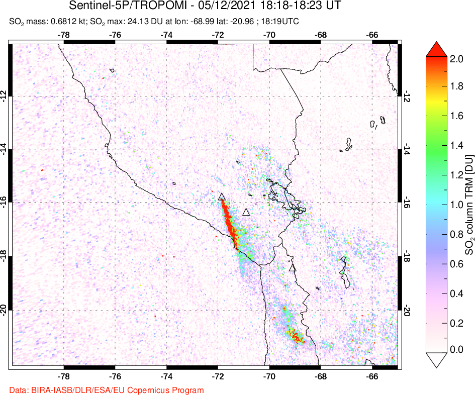 A sulfur dioxide image over Peru on May 12, 2021.