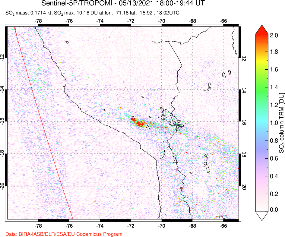 A sulfur dioxide image over Peru on May 13, 2021.