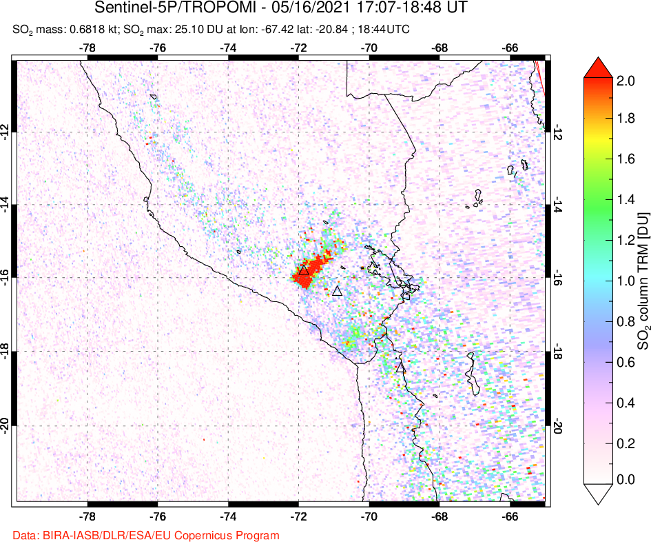A sulfur dioxide image over Peru on May 16, 2021.