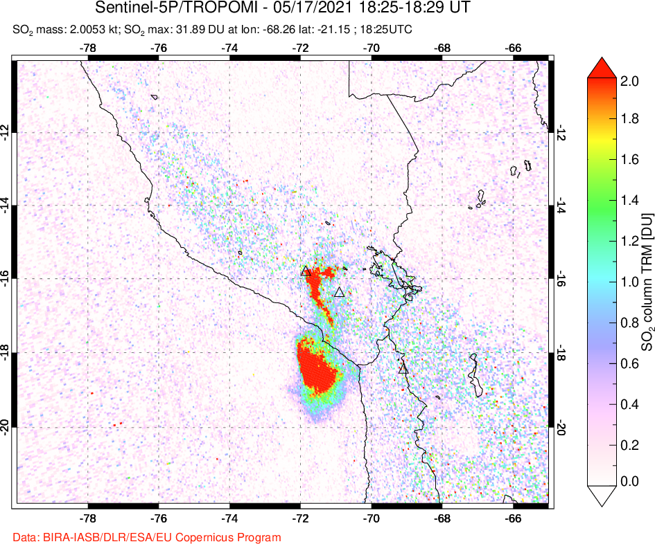 A sulfur dioxide image over Peru on May 17, 2021.
