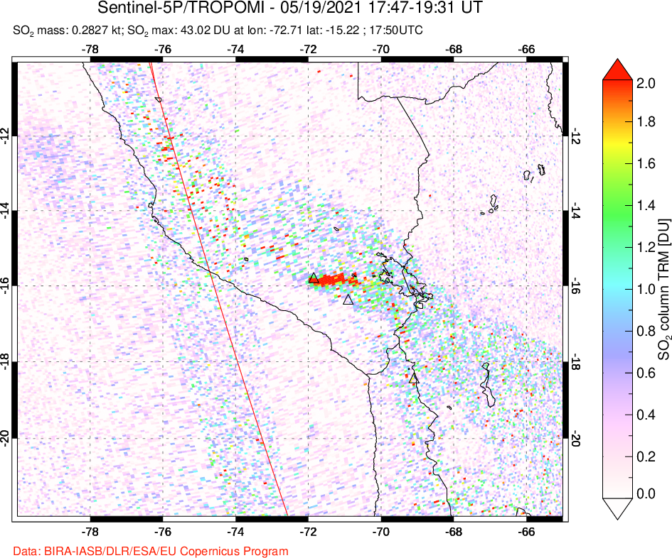 A sulfur dioxide image over Peru on May 19, 2021.