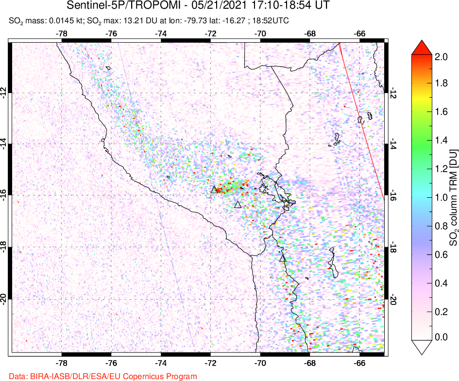 A sulfur dioxide image over Peru on May 21, 2021.