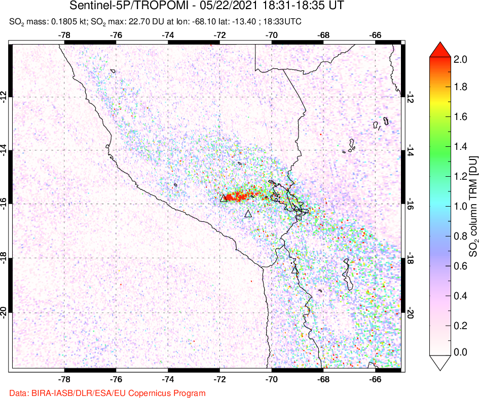 A sulfur dioxide image over Peru on May 22, 2021.