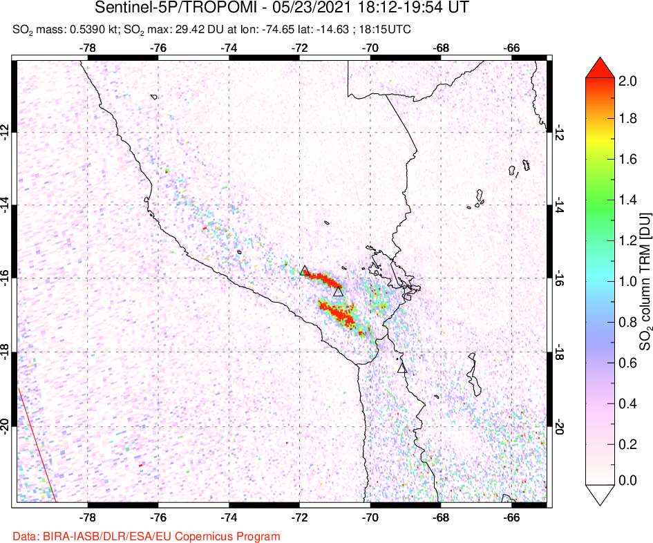 A sulfur dioxide image over Peru on May 23, 2021.