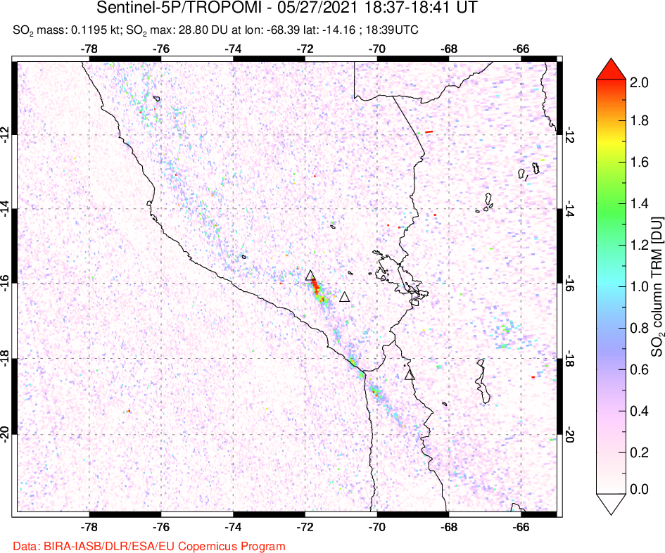 A sulfur dioxide image over Peru on May 27, 2021.