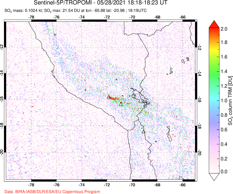 A sulfur dioxide image over Peru on May 28, 2021.