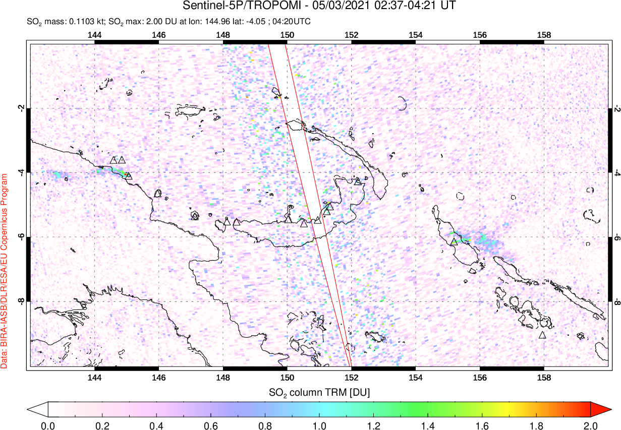 A sulfur dioxide image over Papua, New Guinea on May 03, 2021.