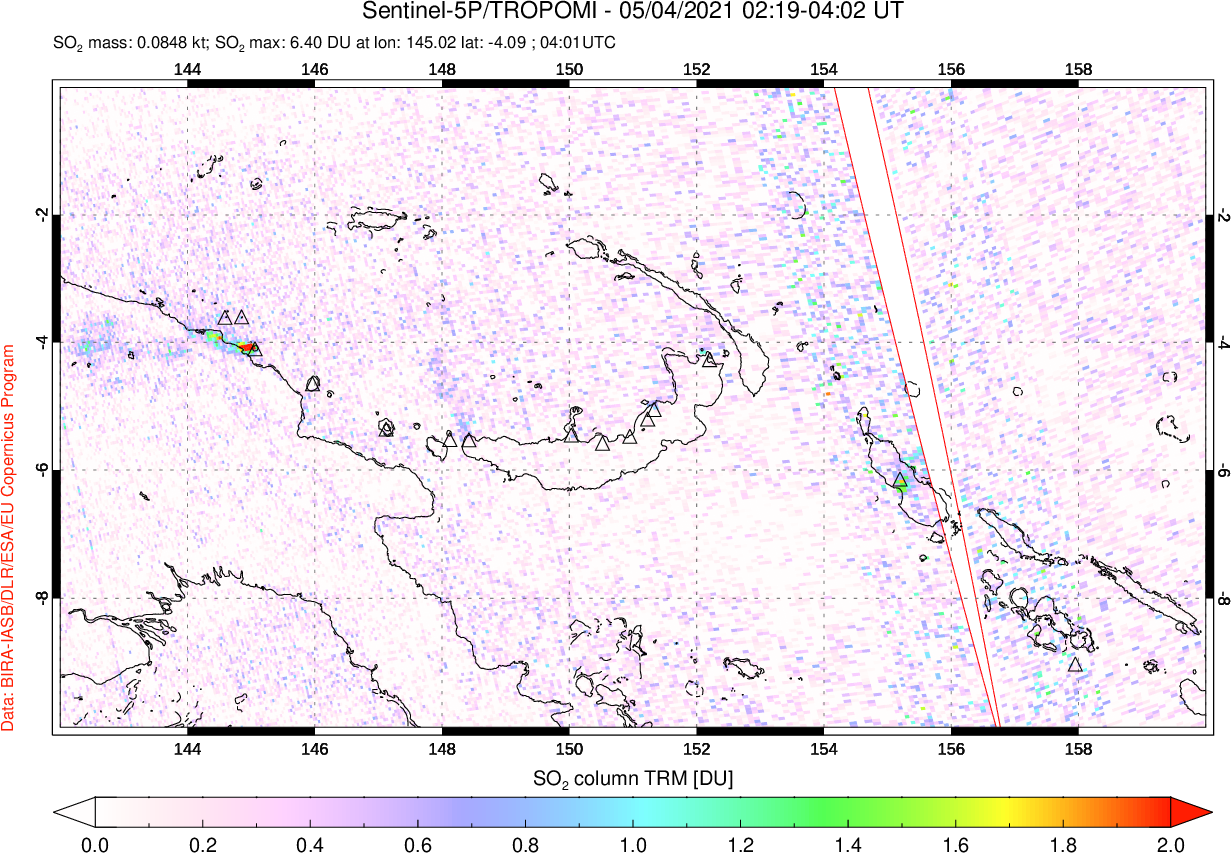A sulfur dioxide image over Papua, New Guinea on May 04, 2021.