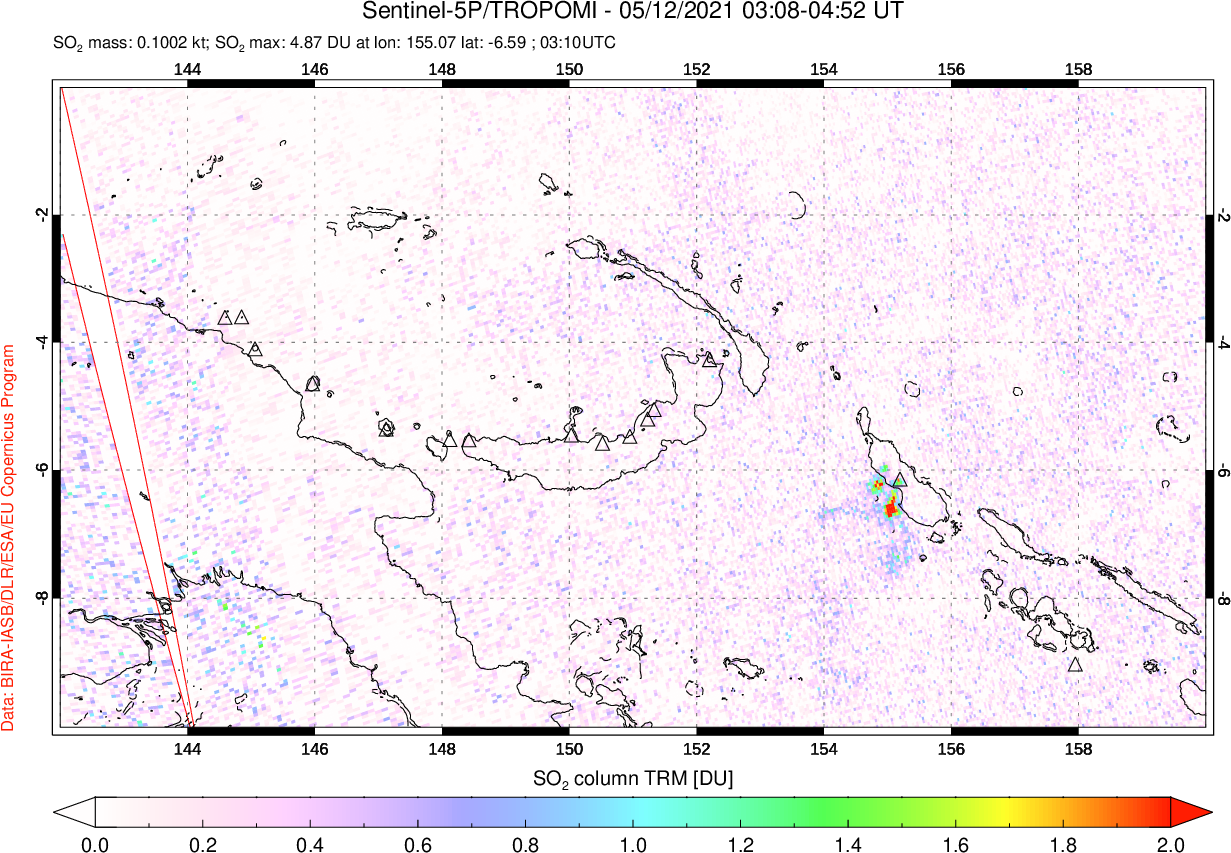A sulfur dioxide image over Papua, New Guinea on May 12, 2021.